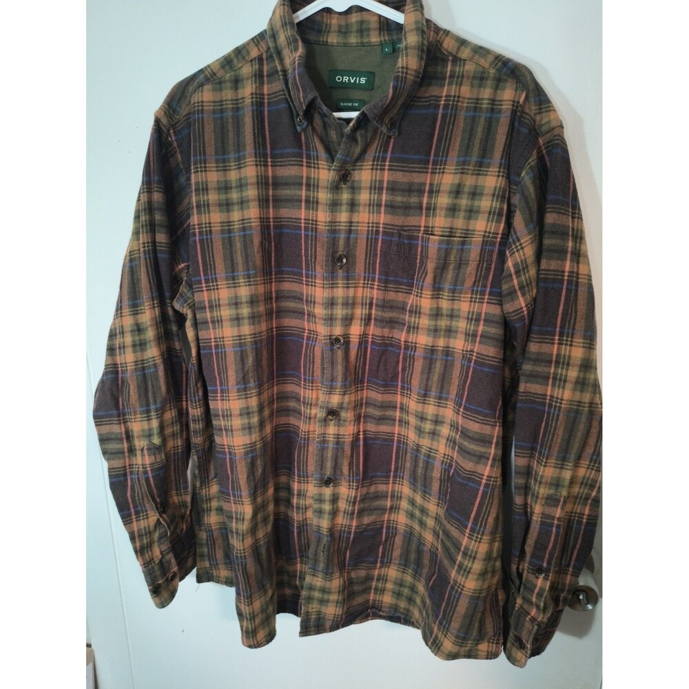 Orvis Men Classic Fit Regent Flannel Plaid Brown Button Down Long Sleeve Shirt L
